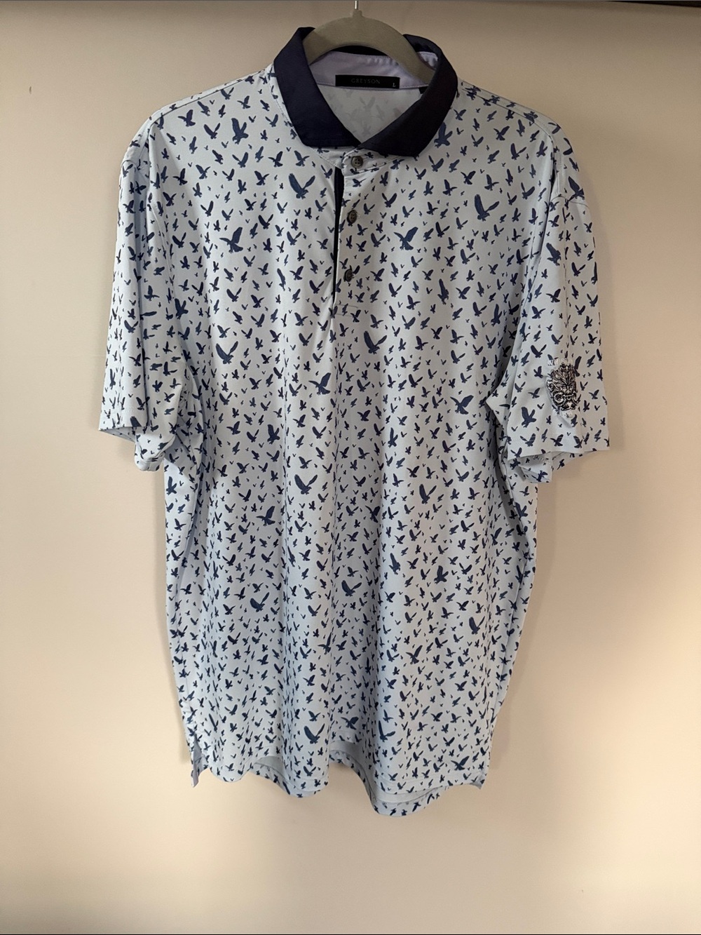 Greyson Light Blue Polo with Navy Bird Print and Dark Navy Collar
